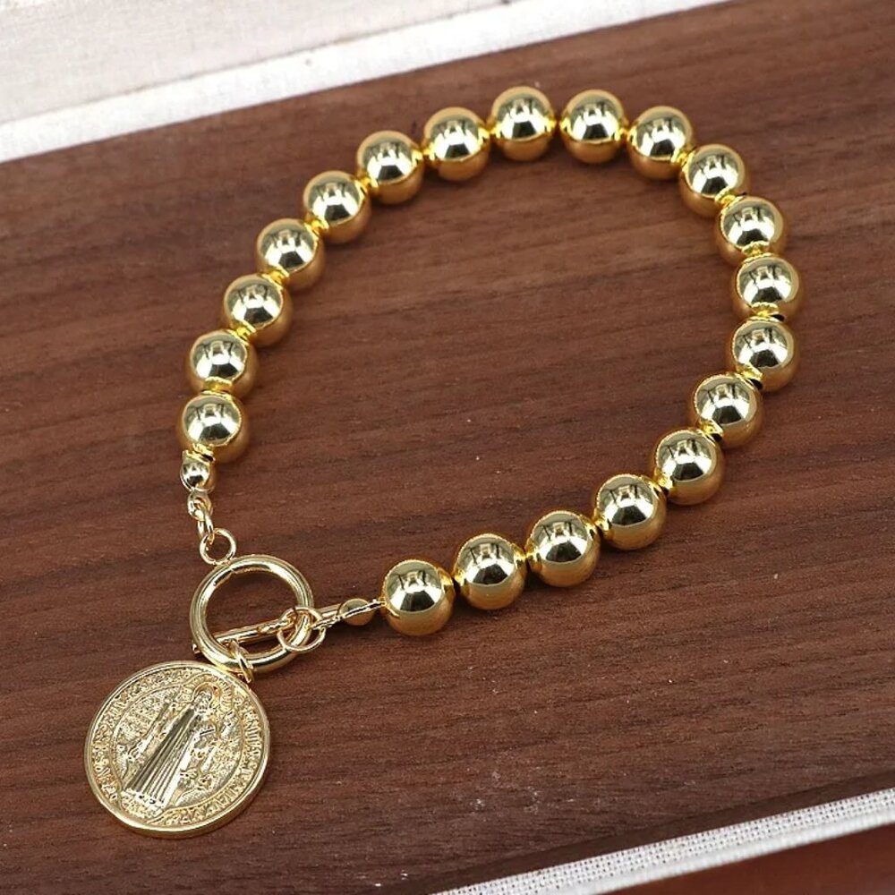 Saint Benedict Religious Women Gold Plated Brass Bead Bracelet